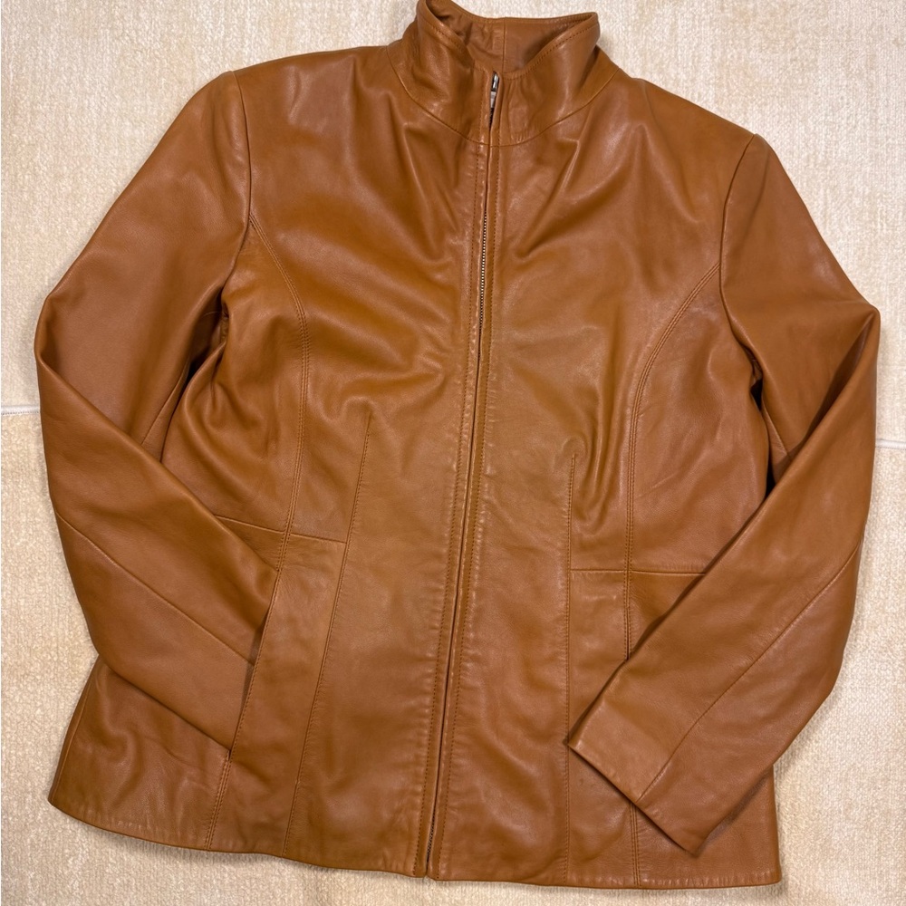 Cole Haan Brown Lambskin Leather Jacket Wing Collar Zip Front Size L - Picture 14 of 15